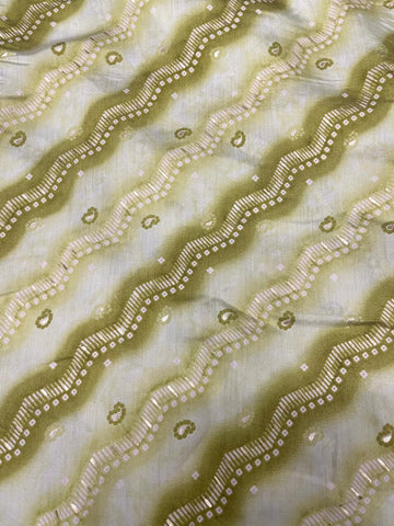 (Pre Cut 1-Meter) Modal Chanderi Light Lime Green Color Zigzag Strips Pattern Screen Print Fabric With Foil