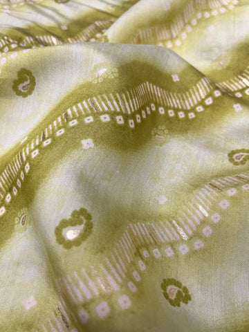 (Pre Cut 1-Meter) Modal Chanderi Light Lime Green Color Zigzag Strips Pattern Screen Print Fabric With Foil