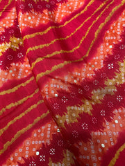 Modal Chanderi Red Color Lehriya With Bandhani Pattern Screen Print Fabric With Foil