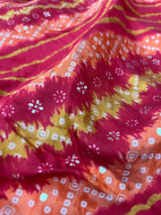 Modal Chanderi Red Color Lehriya With Bandhani Pattern Screen Print Fabric With Foil