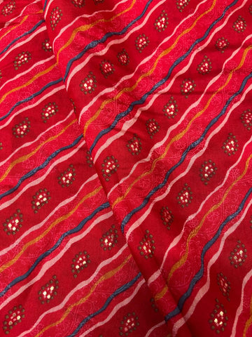 (Pre Cut-2 Meter) Modal Chanderi Red Color Strips Pattern Screen Print Fabric With Foil