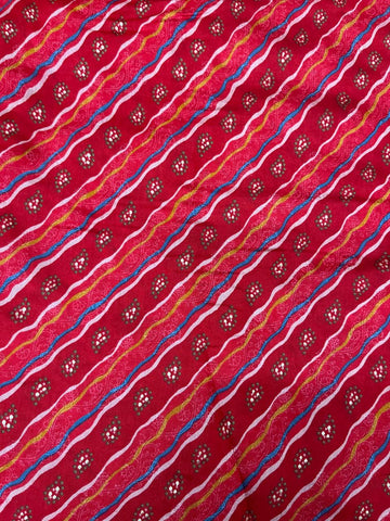 (Pre Cut-2 Meter) Modal Chanderi Red Color Strips Pattern Screen Print Fabric With Foil
