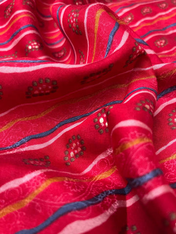 (Pre Cut-2 Meter) Modal Chanderi Red Color Strips Pattern Screen Print Fabric With Foil