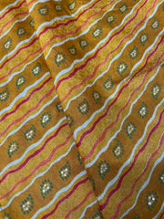 Modal Chanderi Mustard Color Zigzag Strips Pattern Screen Print Fabric With Foil