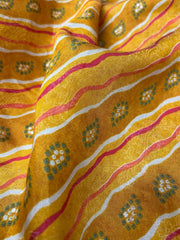 Modal Chanderi Mustard Color Zigzag Strips Pattern Screen Print Fabric With Foil