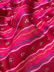 Modal Chanderi Dark Pink Color Strips Pattern Screen Print Fabric With Foil