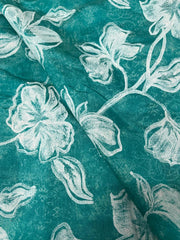 Modal Chanderi Turquoise Blue Floral Katha Work Screen Print Fabric