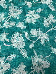 Modal Chanderi Turquoise Blue Floral Katha Work Screen Print Fabric