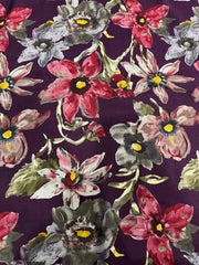 Modal Chanderi Dark Purple Floral Pattern Screen Print Fabric With Foil