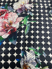 (Pre Cut Fabric -1 Meter)Pure Crepe Black Color Floral With Polka Dots Hybrid Print Fabric