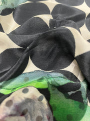 (Pre Cut Fabric -1 Meter)Pure Crepe Black Color Floral With Polka Dots Hybrid Print Fabric