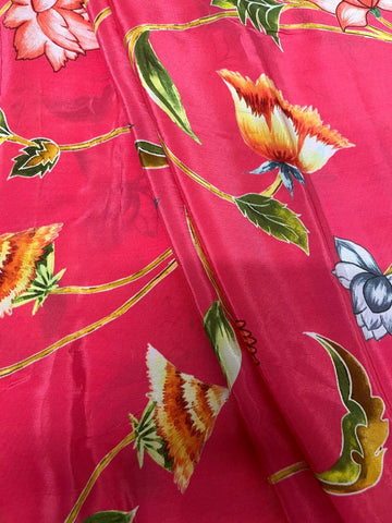 (Pre Cut-2 Meter) Pure Crepe Red Pink Color Floral Hybrid Print Fabric