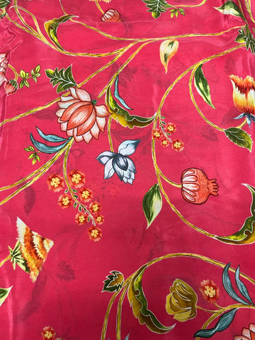 (Pre Cut-2 Meter) Pure Crepe Red Pink Color Floral Hybrid Print Fabric