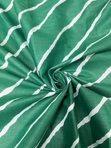 (Pre Cut-2 Meter) Pure Cotton Cambric Dark Green Color Lehariya Pattern Block Print Fabric.