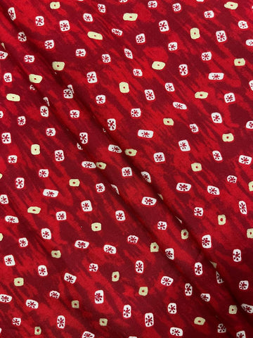 (Pre Cut-1 Meter) Pure Rayon Red Color Bandhani Pattern Screen Printed Fabric With Foil