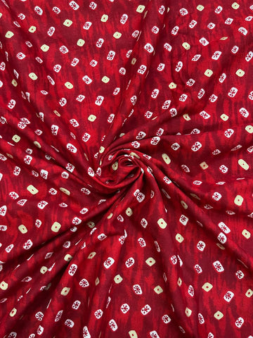(Pre Cut-1 Meter) Pure Rayon Red Color Bandhani Pattern Screen Printed Fabric With Foil