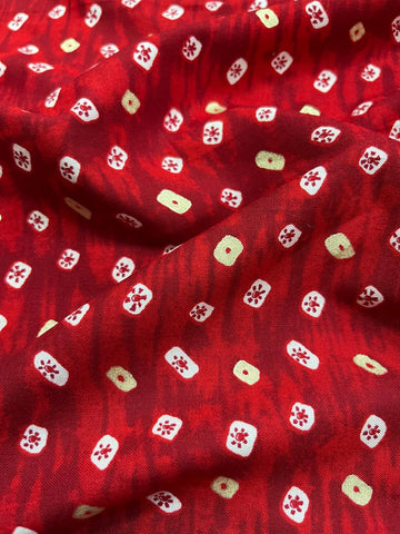 (Pre Cut-1 Meter) Pure Rayon Red Color Bandhani Pattern Screen Printed Fabric With Foil