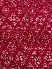 Pure Rayon Dark Pink Color Bandhani Pattern Screen Print Fabric With Foil Big Panna.