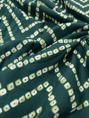 Pure Rayon Dark Green Color Zig-Zag  Bandhani Pattern Screen Print Fabric With Foil Big Panna.