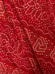 Pure Rayon Red Color Bandhani Pattern Screen Print Fabric With Foil Big Panna.