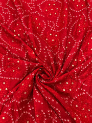 Pure Rayon Red Color Bandhani Pattern Screen Print Fabric With Foil Big Panna.