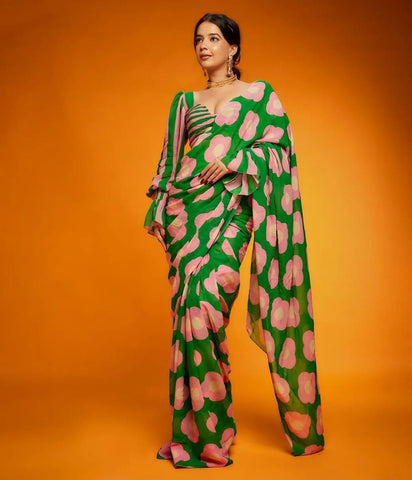 (Precut - 1.5 Meter) Pure Crepe Green And Pink Color Floral Digital Print Fabric.