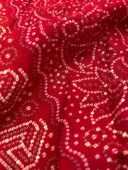 Pure Rayon Red Color Bandhani Pattern Screen Print Fabric With Foil Big Panna.