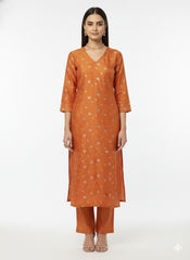 Pure Viscose Satin Orange Color With Jacquard Butti Dyed Fabric