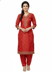 Pure Viscose Satin Red Color With Jacquard Butti Dyed Fabric