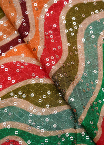 (Pre Cut- 2.5 Meter)Multicolor Embroidered Pure Chinnon Fabric