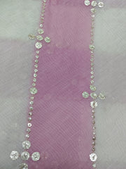 Mul Chanderi White and Light Pink Color Brush Print Stripe Pattern Embroidery Fabric.