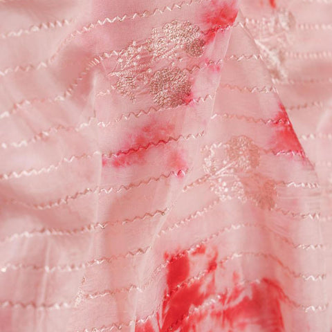 (Pre Cut-2.75Meter) Baby Pink Tie And Dye Embroidered  Pure Organza