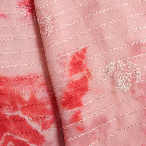 (Pre Cut-2.75Meter) Baby Pink Tie And Dye Embroidered  Pure Organza