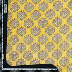 (Pre cut-2.5Meter) Bright Yellow Floral Pattern Table Print Pure Chanderi Lurex Fabric