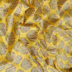 (Pre cut-2.5Meter) Bright Yellow Floral Pattern Table Print Pure Chanderi Lurex Fabric