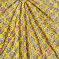 (Pre cut-2.5Meter) Bright Yellow Floral Pattern Table Print Pure Chanderi Lurex Fabric