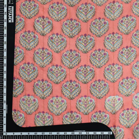 (Pre cut-2.5Meter) Peach Floral Pattern Table Print Pure Chanderi Fabric With Lurex.