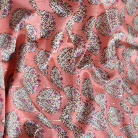 (Pre cut-2.5Meter) Peach Floral Pattern Table Print Pure Chanderi Fabric With Lurex.