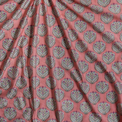 (Pre cut-2.5Meter) Peach Floral Pattern Table Print Pure Chanderi Fabric With Lurex.