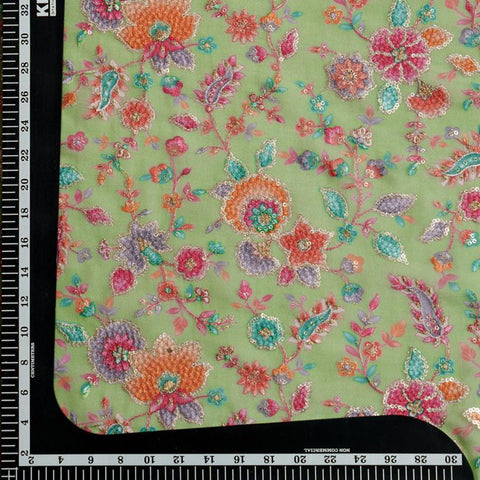 (Per Cut -3 meter) Green Floral Embroidery With Sequins Placement Print Pure Organza Fabric