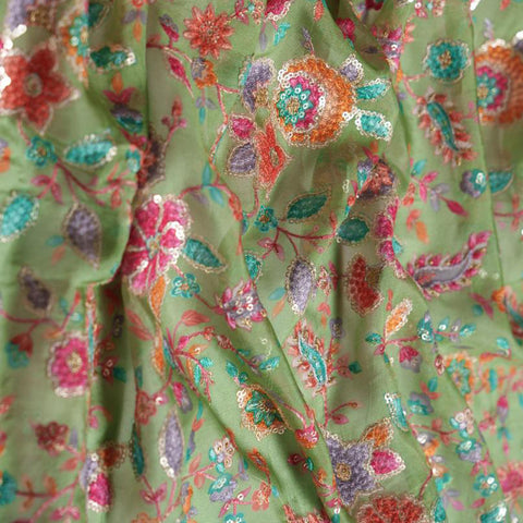 (Per Cut -3 meter) Green Floral Embroidery With Sequins Placement Print Pure Organza Fabric