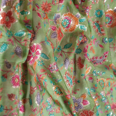 Green Floral Embroidery With Sequins Placement Print Pure Organza Fabric