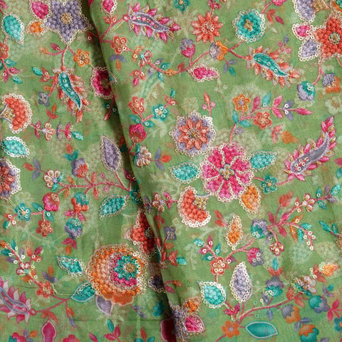 (Per Cut -3 meter) Green Floral Embroidery With Sequins Placement Print Pure Organza Fabric