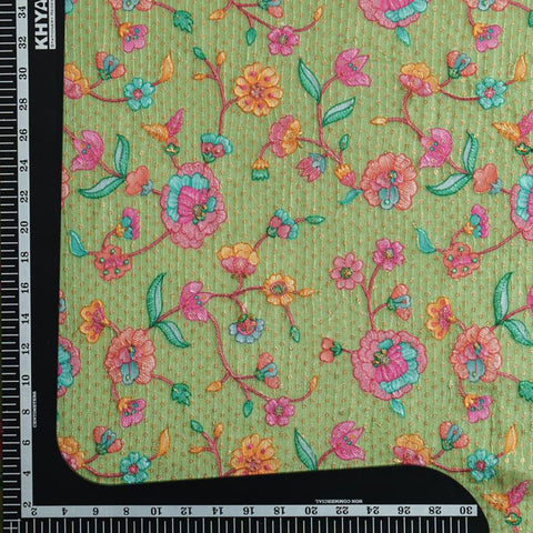 (Pre Cut -1 Meter) Green Floral Embroidery With Sequins Placement Print Pure Chinon Chiffon Fabric