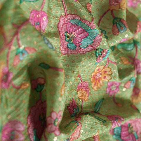 (Pre Cut -1 Meter) Green Floral Embroidery With Sequins Placement Print Pure Chinon Chiffon Fabric