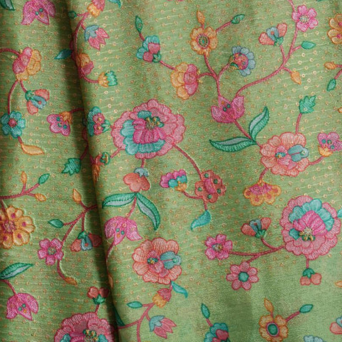 (Pre Cut -1 Meter) Green Floral Embroidery With Sequins Placement Print Pure Chinon Chiffon Fabric