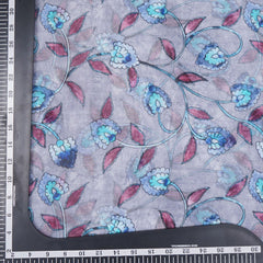 Grey And Blue Floral Jaal Pattern Digital Print Pure Organza Fabric