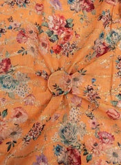 (Art Linen) Linen Tangerine Orange Color Digital Print With Sequins And Zari embroidery fabric.